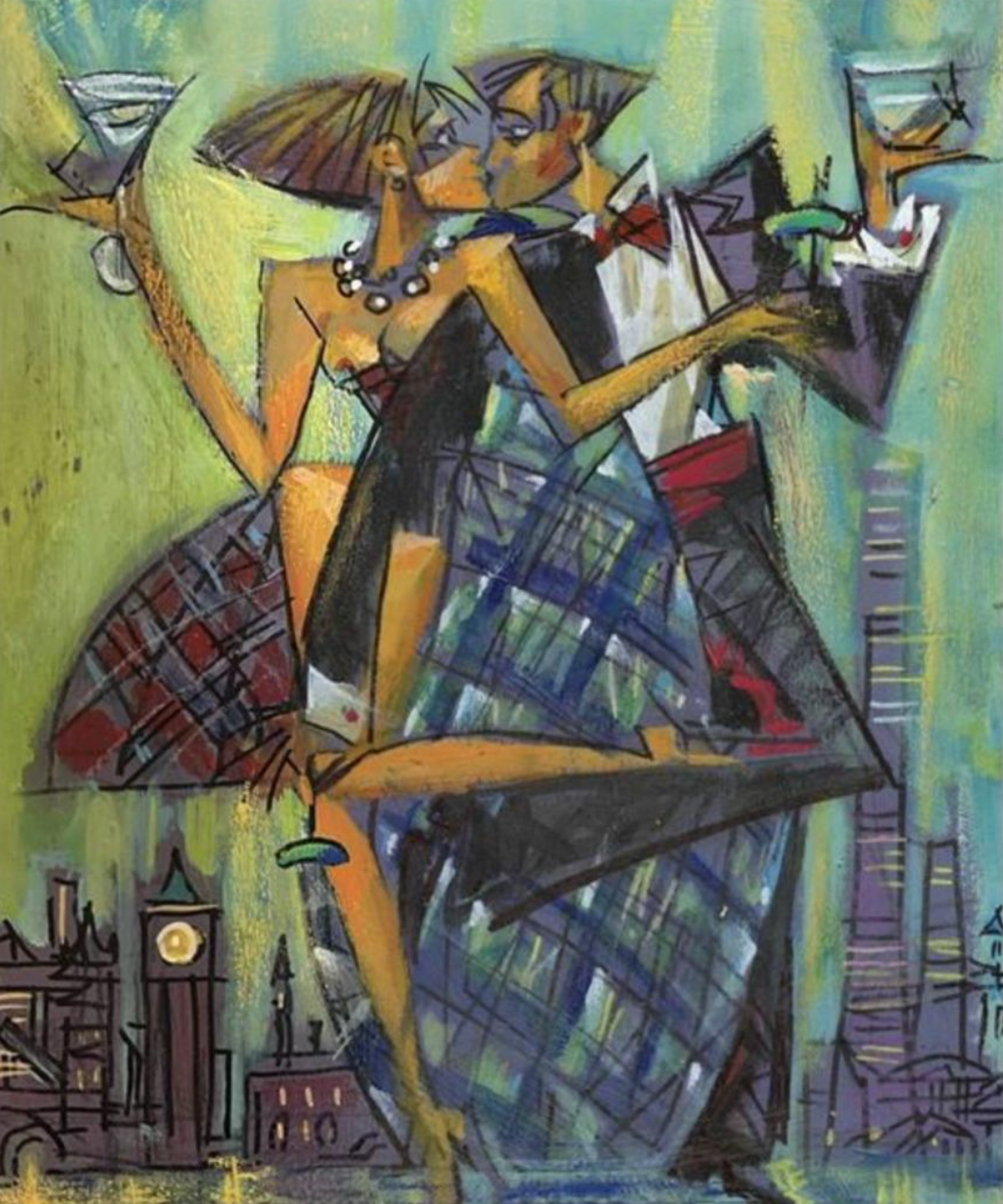 Abstract artwork of a woman holding an martini kissing a man in a suit also holding a martini with cityscape background