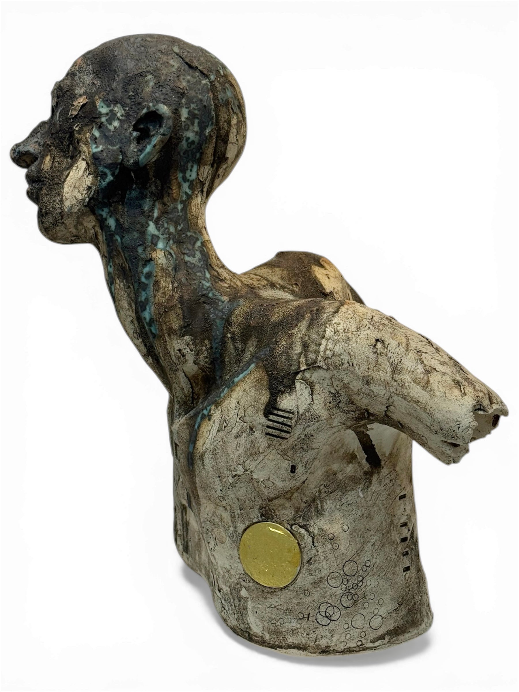 Bronze sculpture of a figure with a bird on a white background