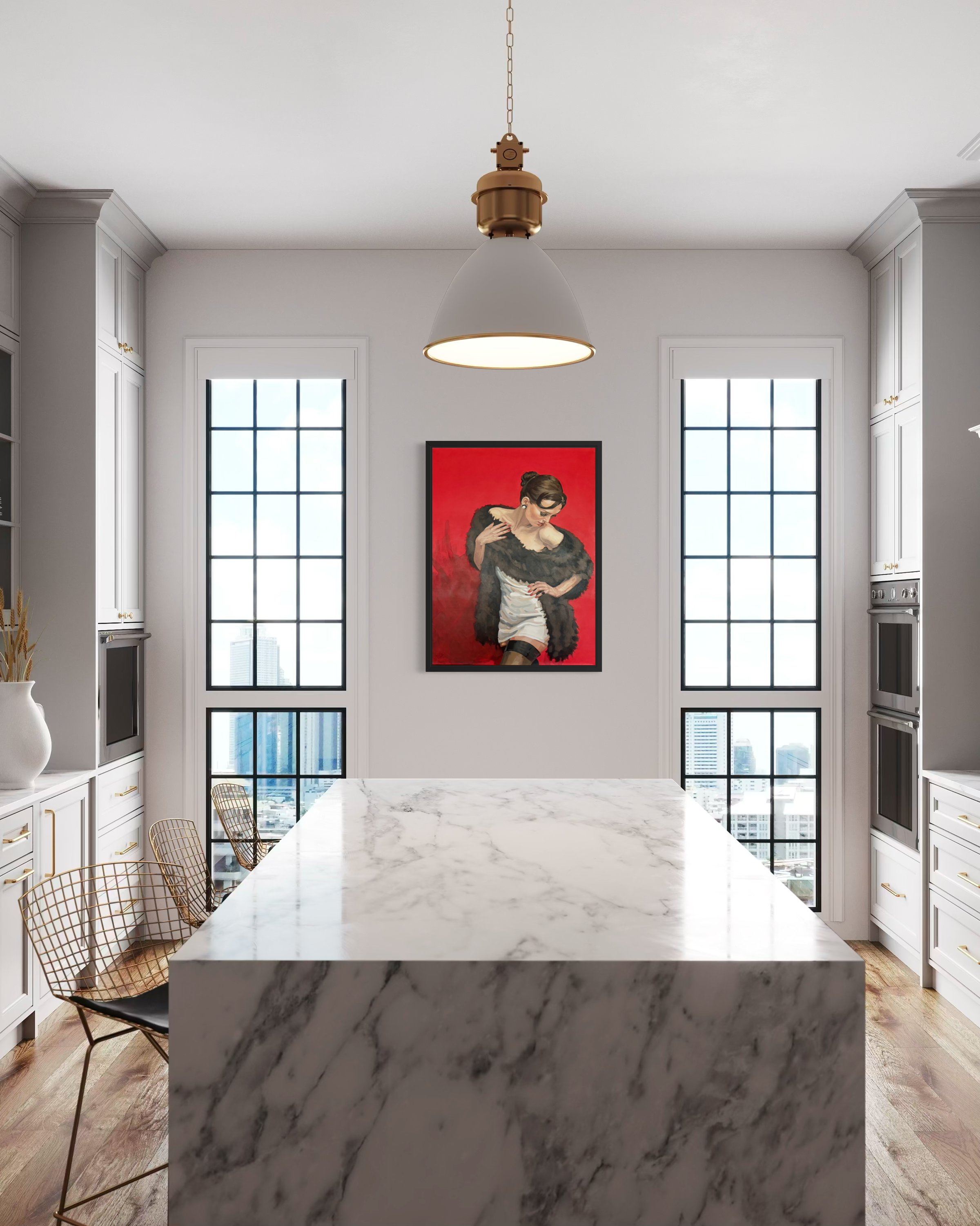 A figurative portrait of a woman with black hair and dark fur wrap with white skirt against a red background  displayed on a white wall on a contemporary kitchen with a marble island.
