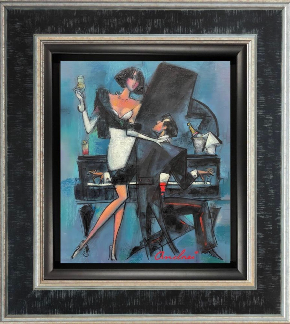 Framed artwork of a woman at a piano with a black frame
