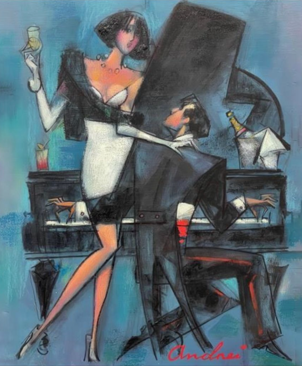Abstract artwork of a woman dancing with a man at a piano, featuring a blue background.