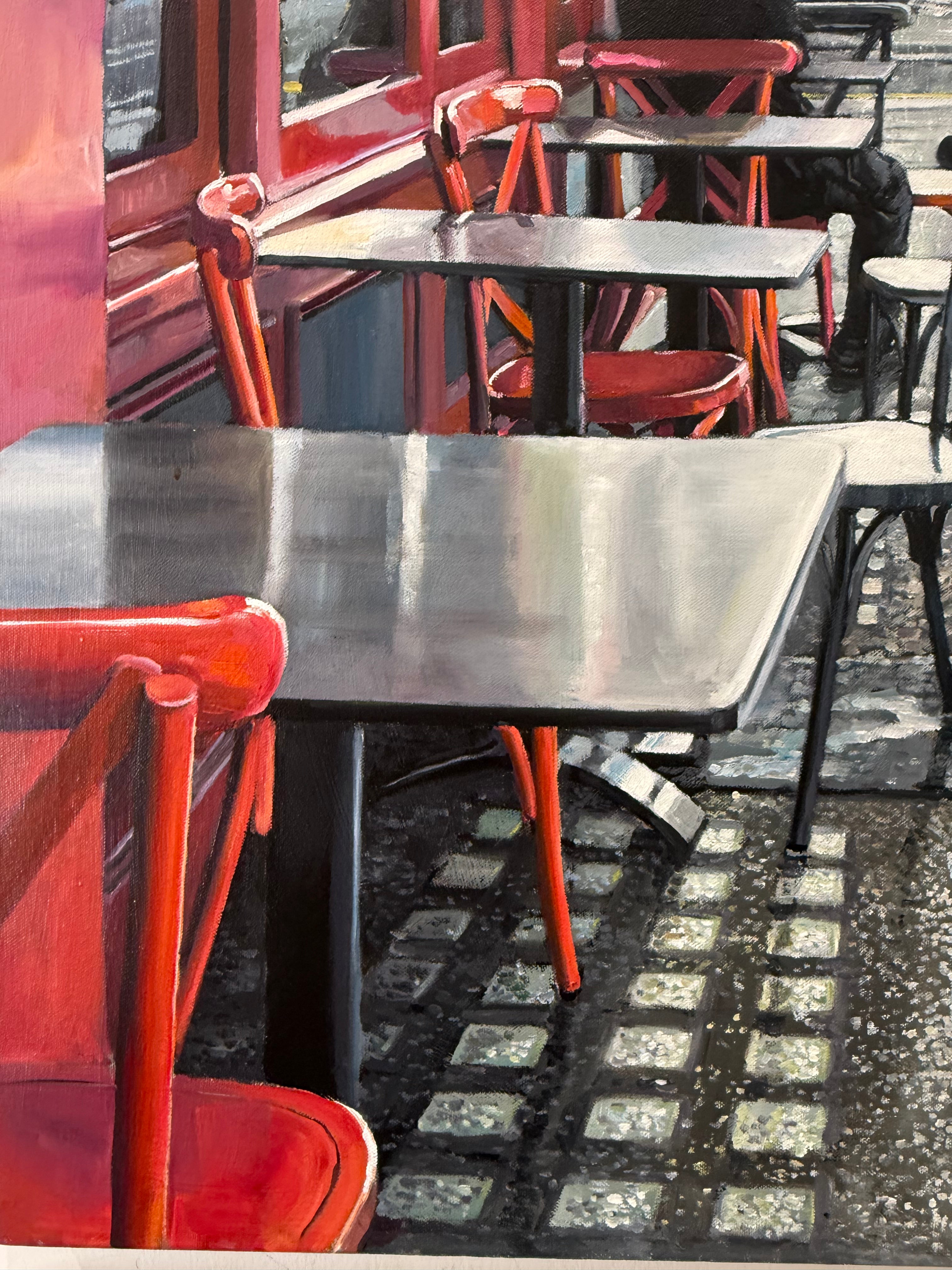 Waiting in Frith Street Soho Painting close up of detail red chair and tables 