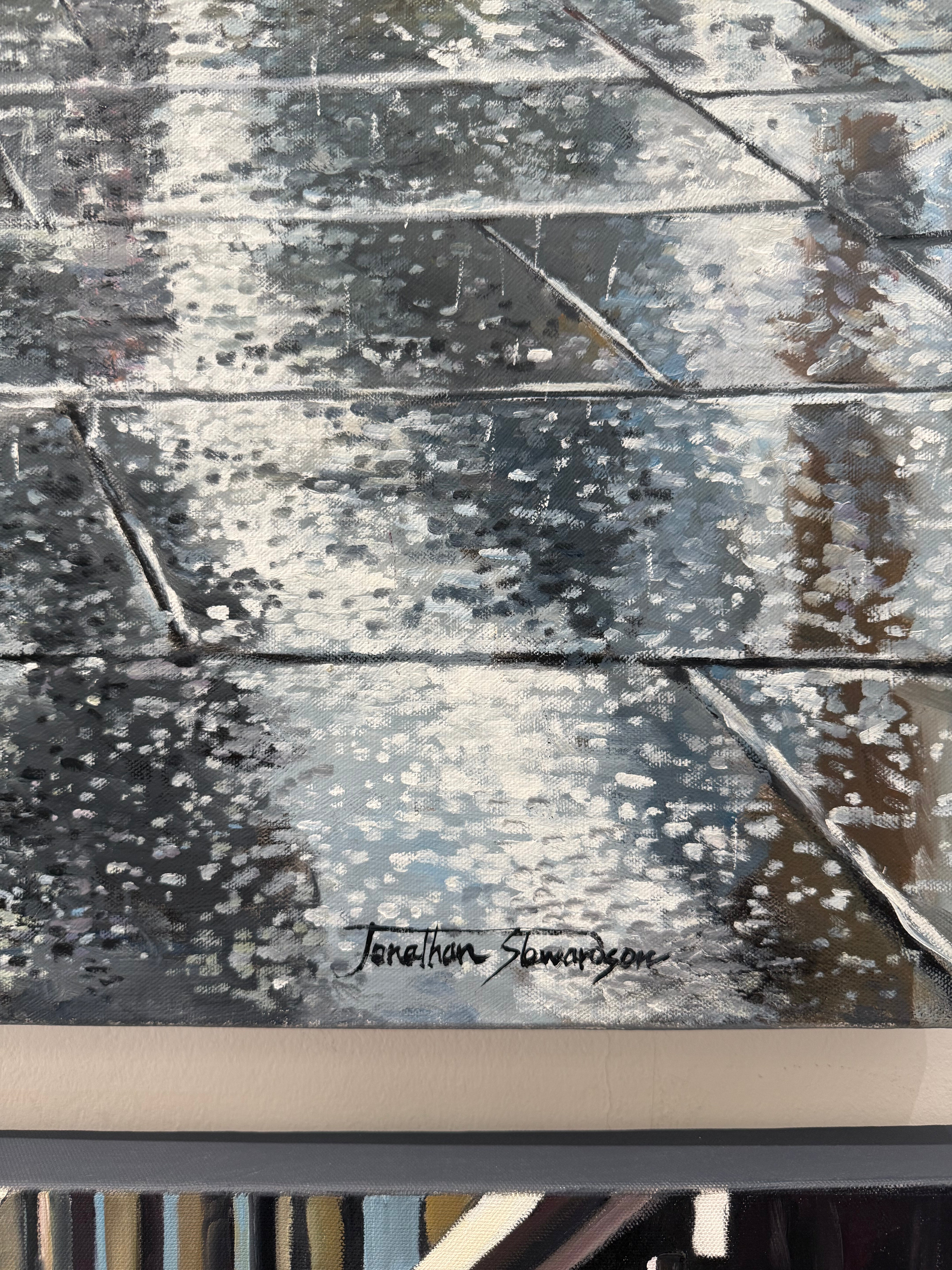 Waiting in frith Street Soho London detail of oil painting showing rain on pavement