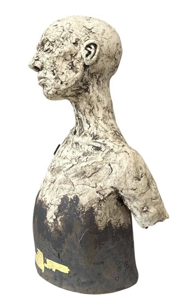 Abstract sculpture of a human bust on a white background