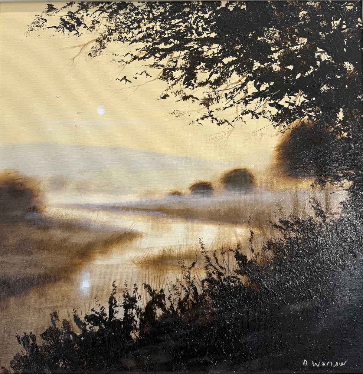 Original painting titled where Time Stands Still British countryside painting with dark textured trees with hazy mist across the river .