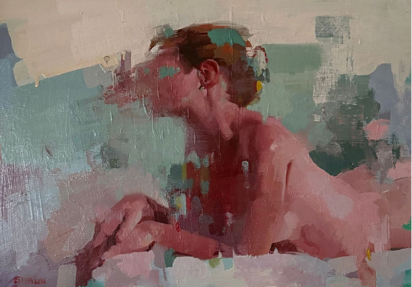 Abstract figurative painting  with colourful patterns on a textured background