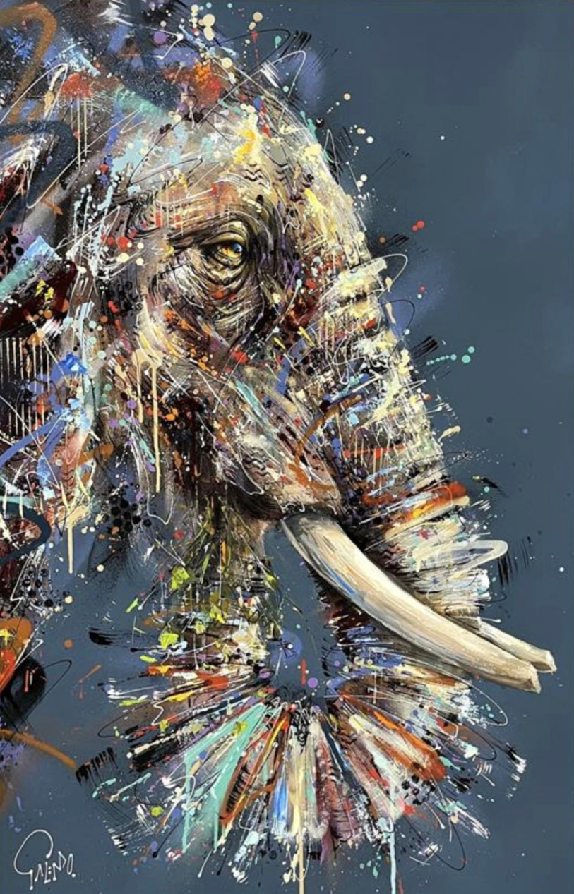 Abstract artwork of an elephant with colorful splashes on a dark background