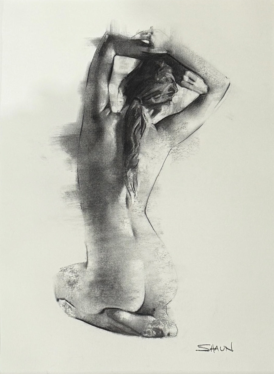 Pencil drawing of a nude figure with a minimalistic background