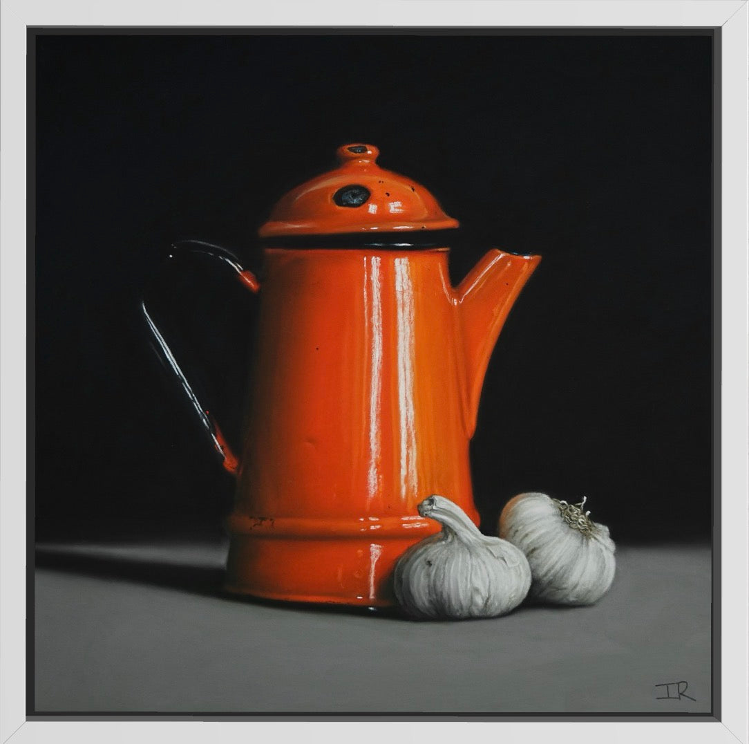 framed pastel drawing of Orange teapot with two white pumpkins on a dark background