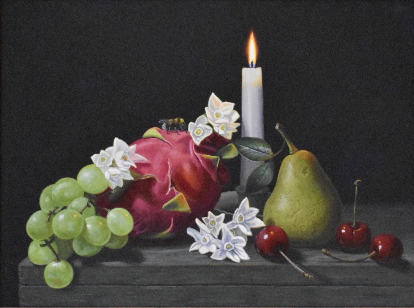 Still life painting with fruits, flowers, and a candle on a dark background