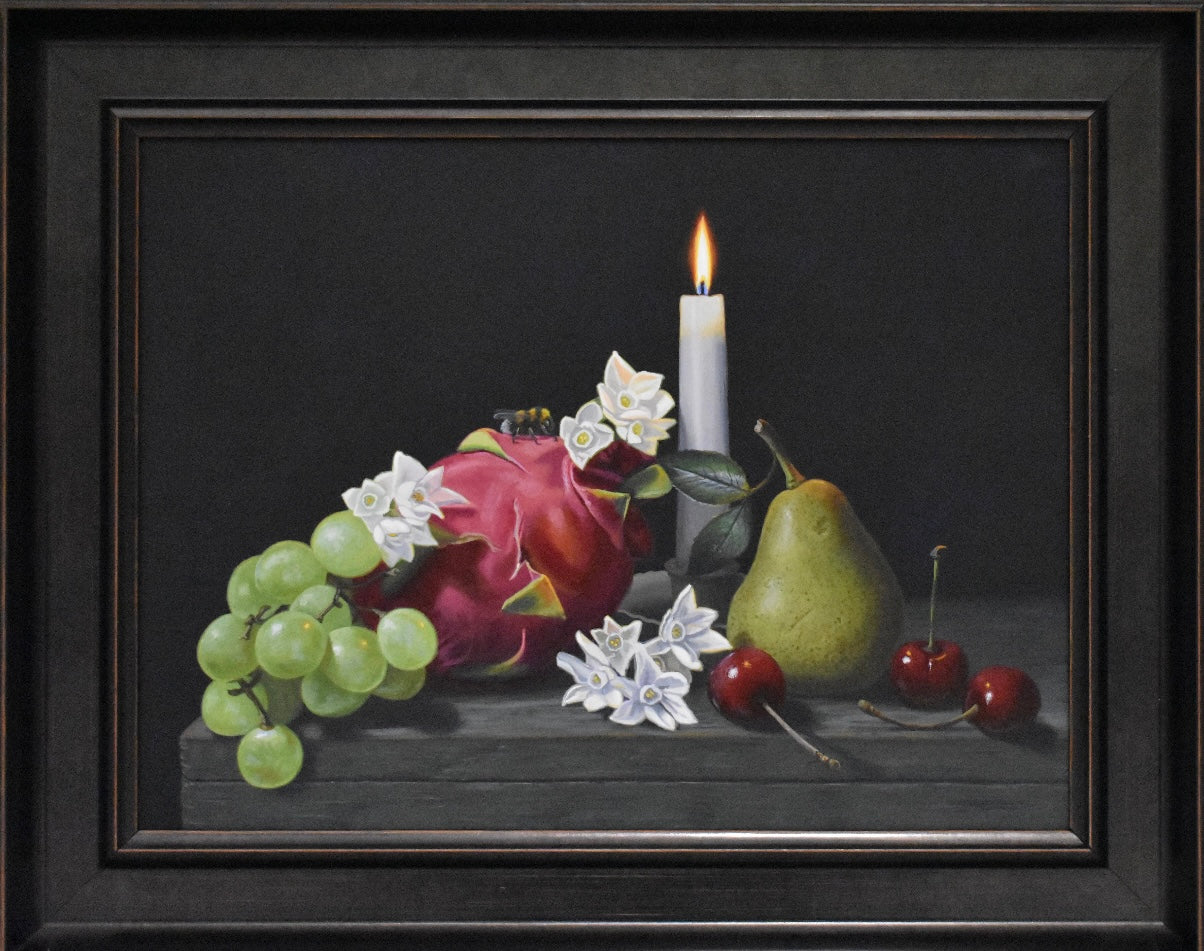 Still life painting with fruits, flowers, and a candle on a dark background