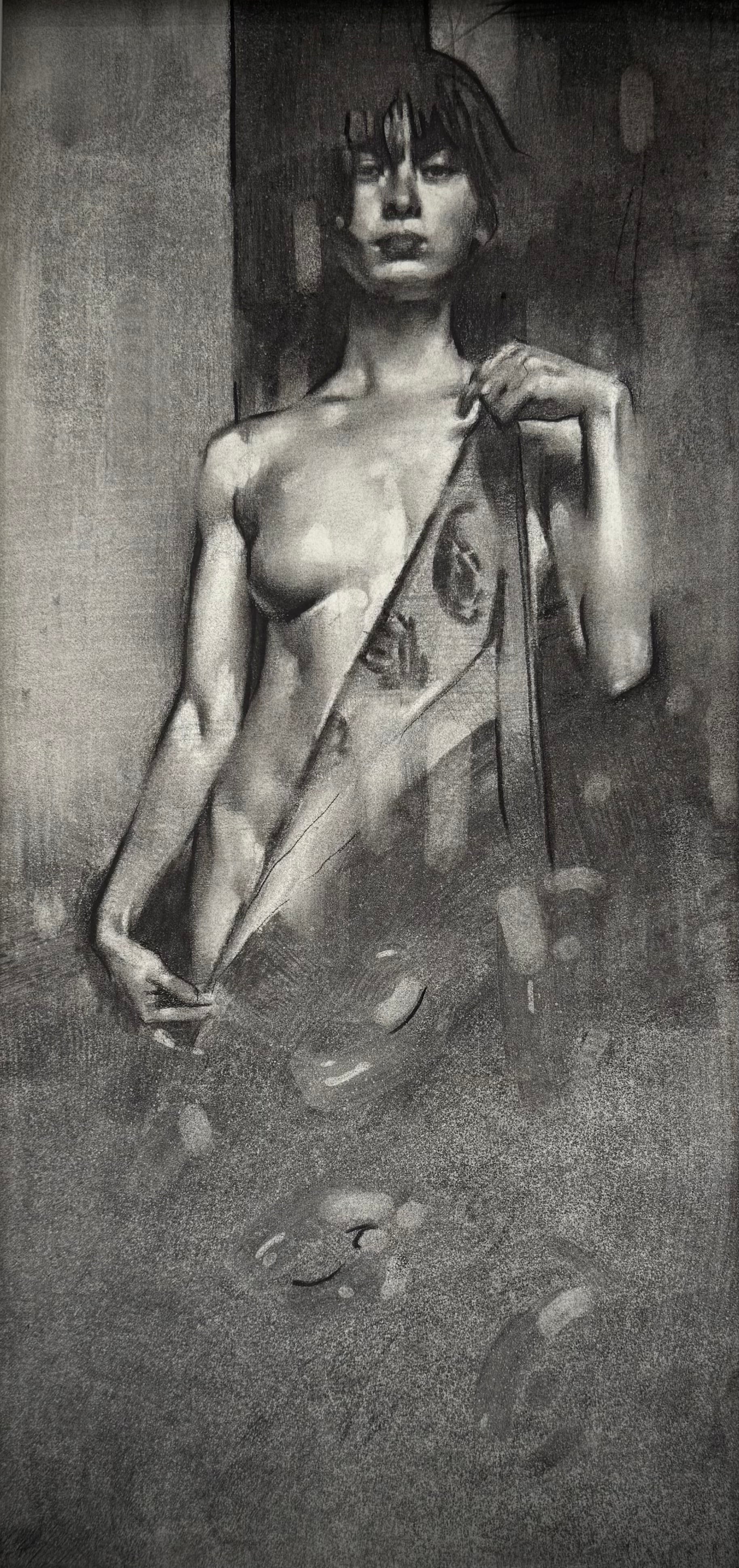 Black and white artwork of a nude figure with a belt