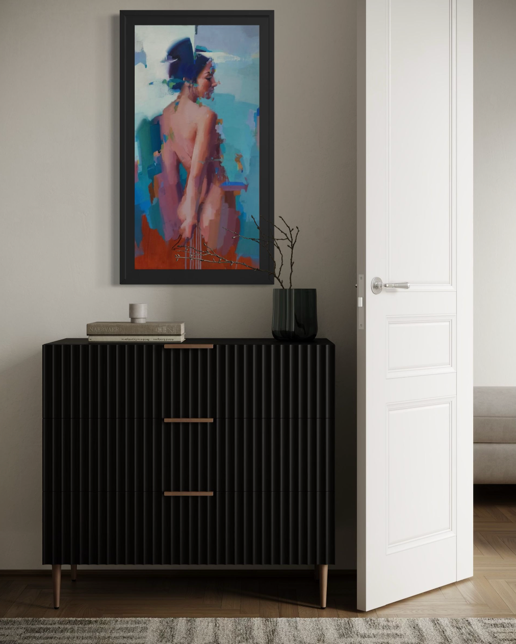 Black cabinet with a framed painting above it in a room.