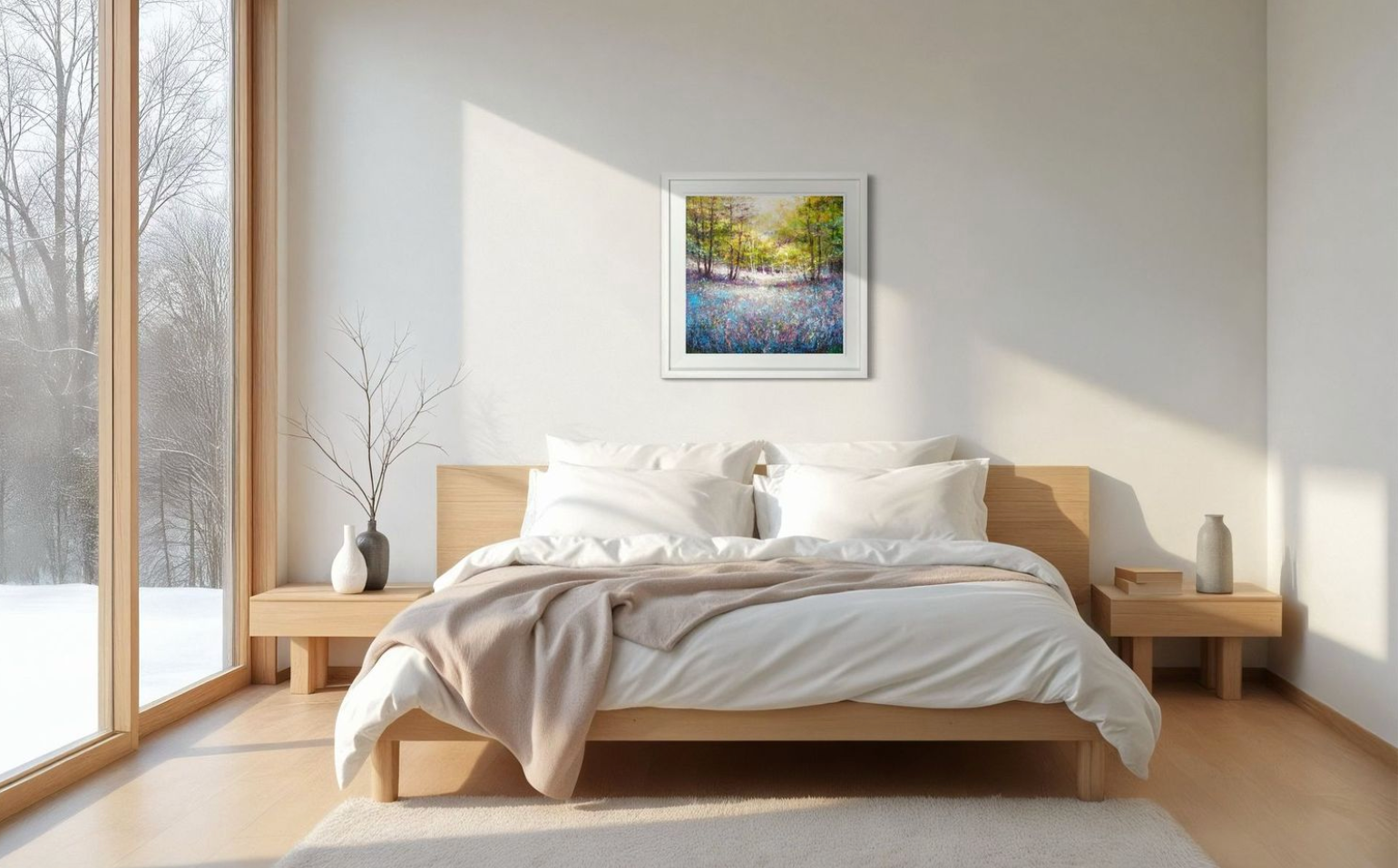 Modern bedroom with wooden bed, white bedding, and a painting on the wall.