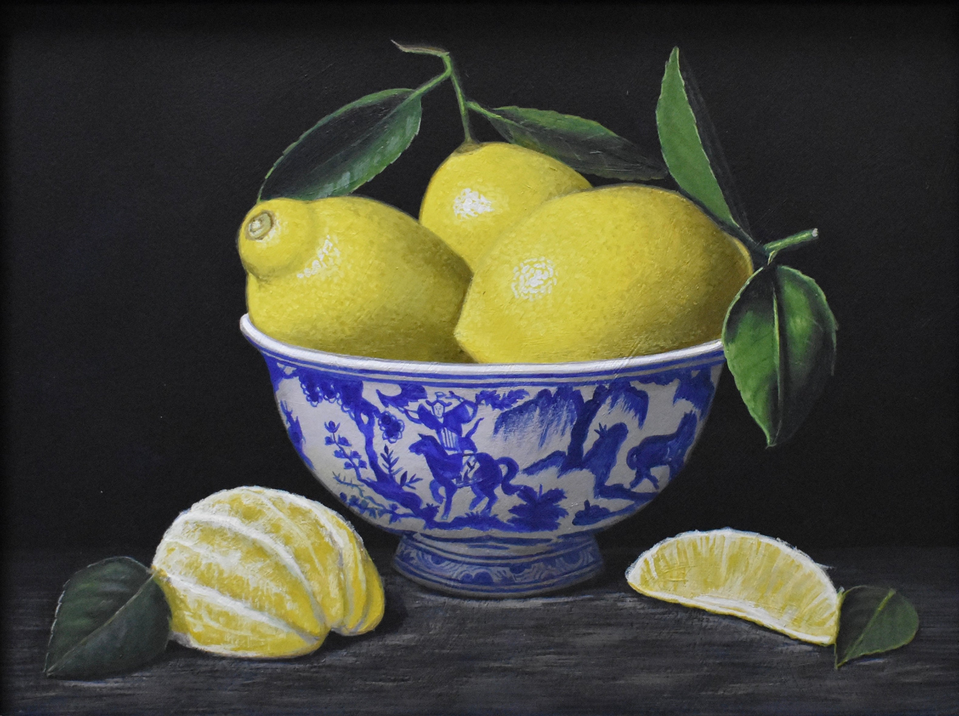 still life painting of lemons in a blue oriental bowl with a peeled lemon sitting next to it 