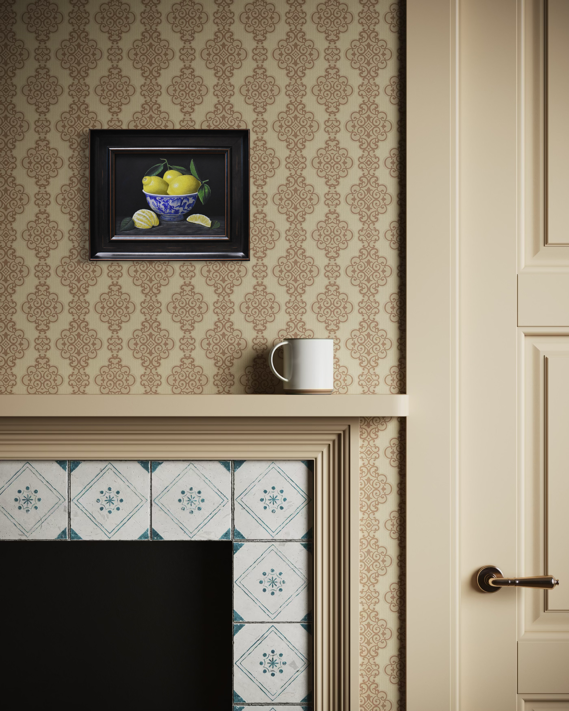 tiled fireplace with door to the right and patterned wallpaper with original still life painting hanging