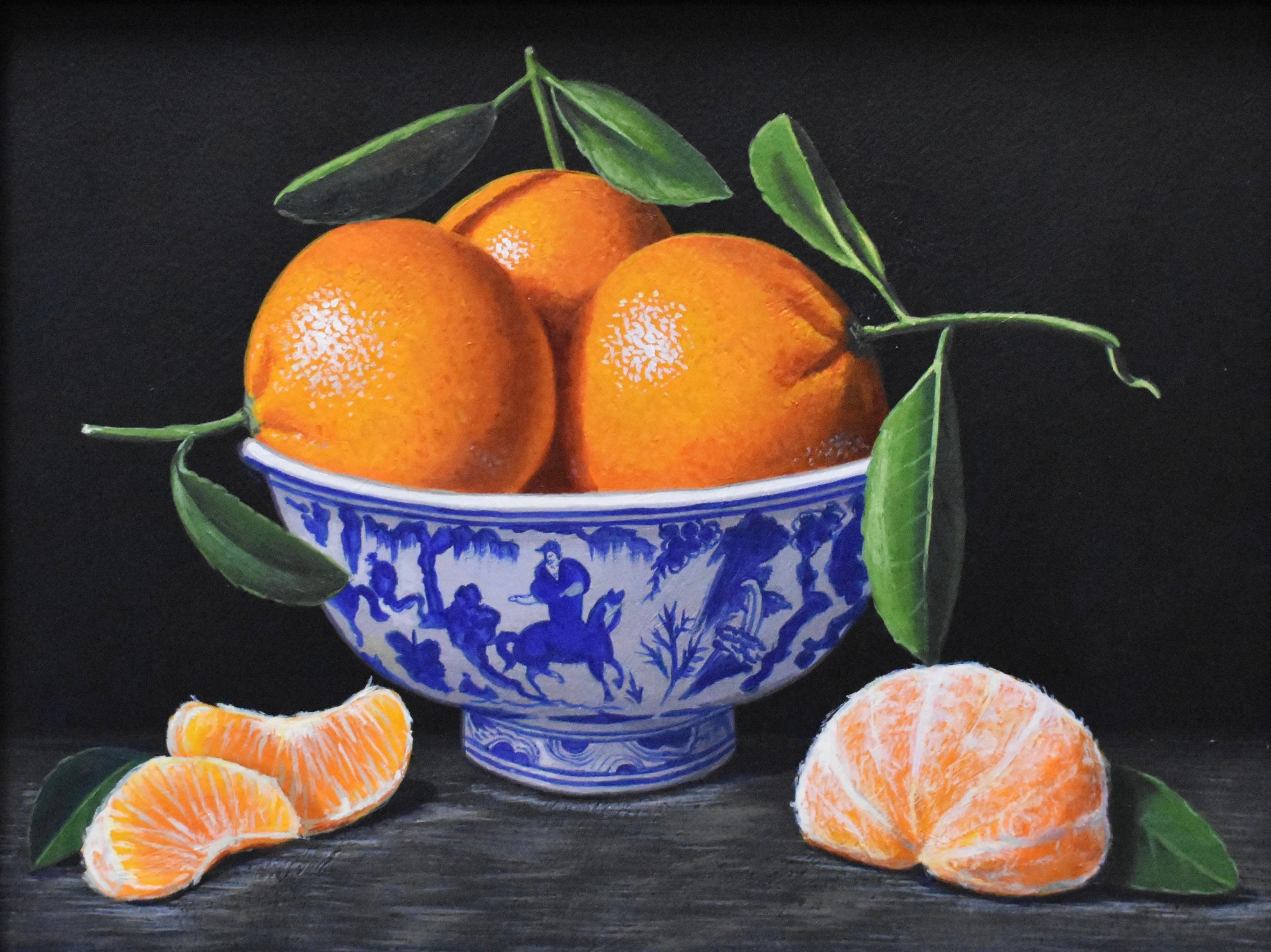still life painting of a white and blue bowl of oranges with a peeled orange laying to the right