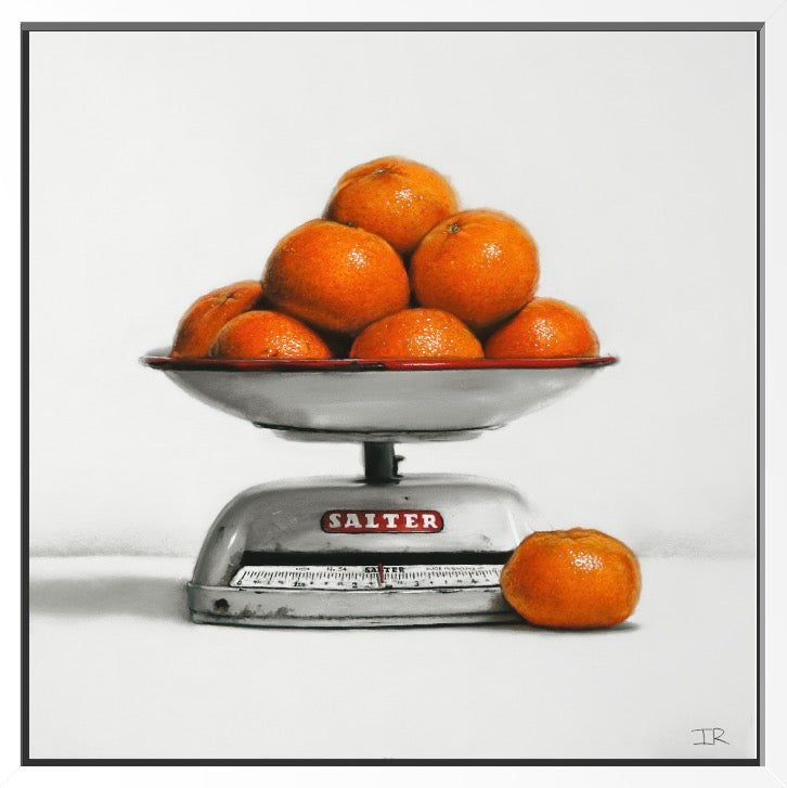 pastel drawing of Oranges on a Salter scale against a white background framed