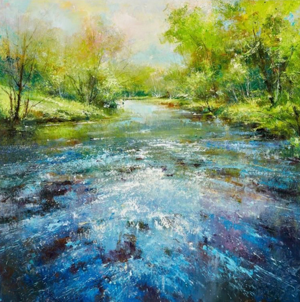 Painting of a serene landscape with a stream flowing through a forest