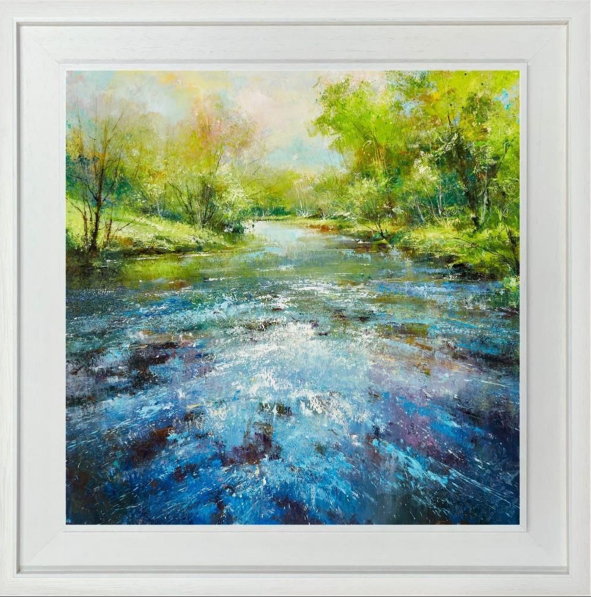 Framed painting of a serene landscape with a stream and trees.
