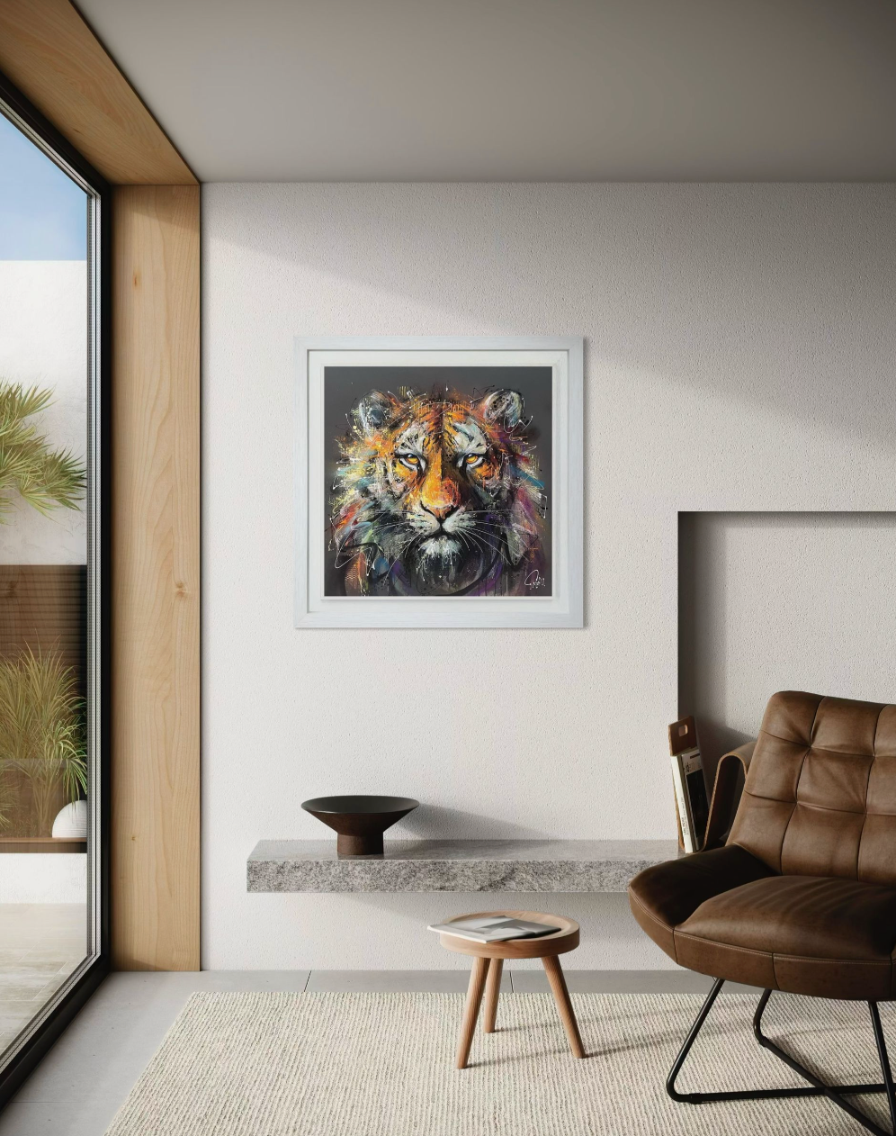 Modern living room with a framed joe galindo painting of a tiger on the wall.