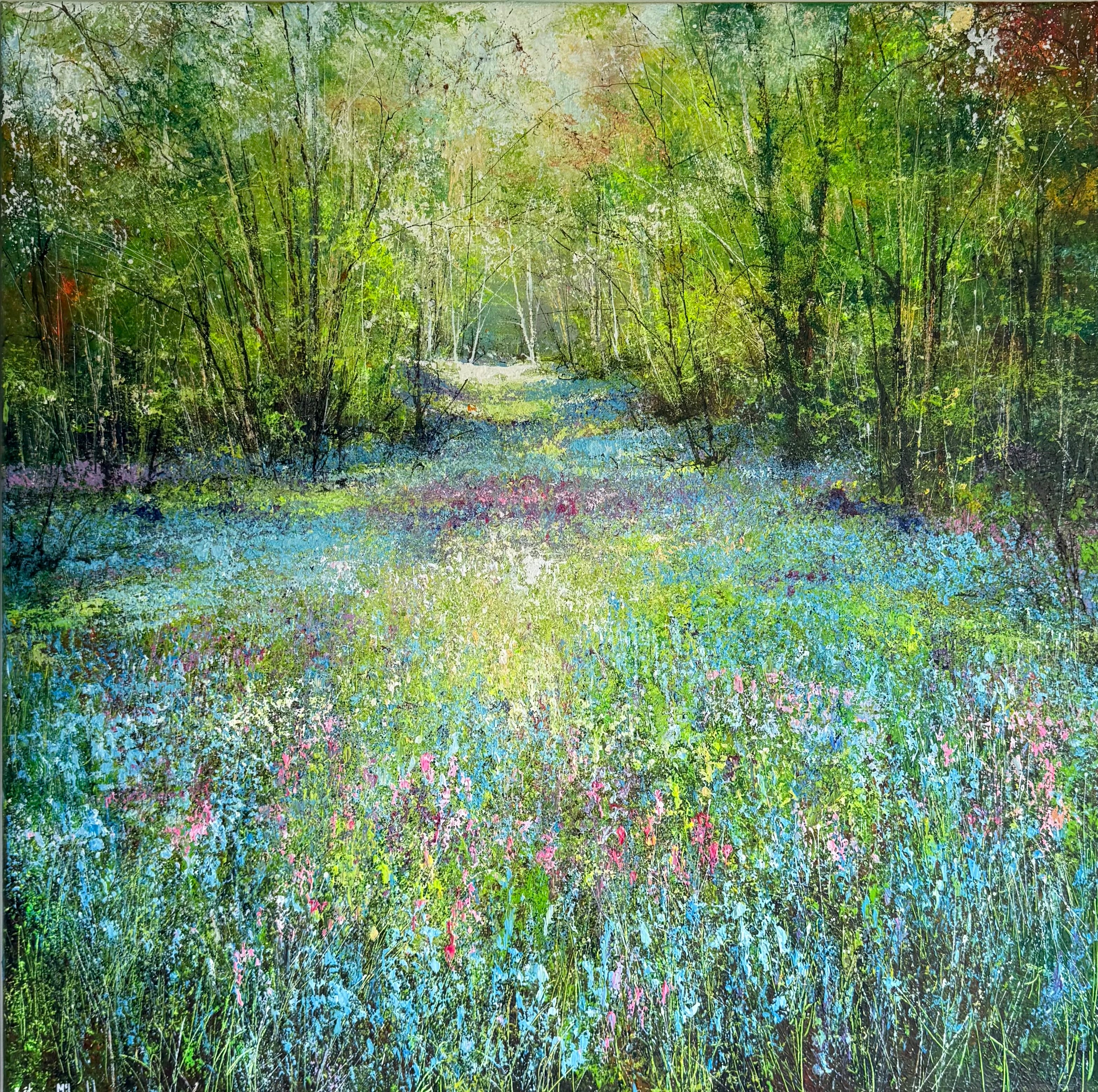 Painting of a forest floor with blue bell flowers and trees