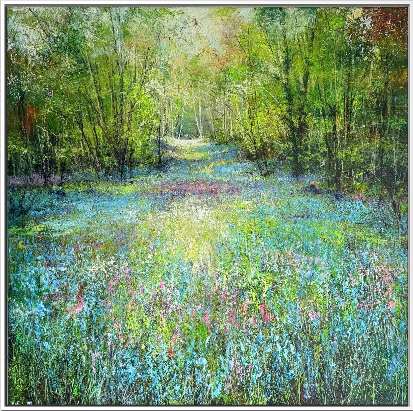 artist depiction of a forest floor filled with blue bell flowers and tall trees framing either side