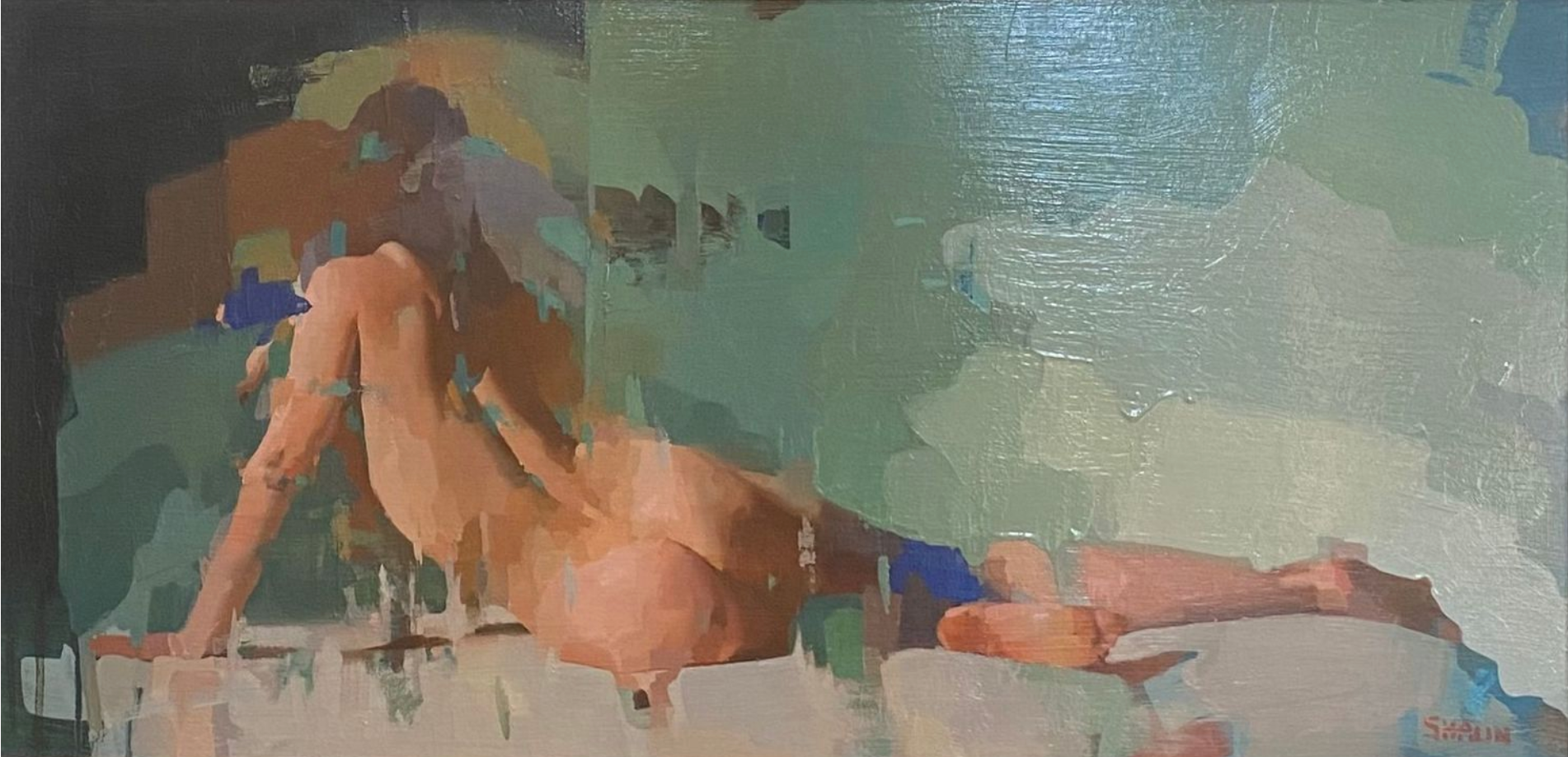 Abstract painting of a nude figure lying on a bed with soft, blended colors.