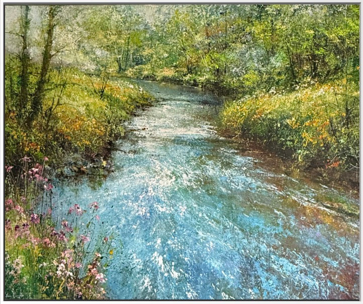 artist depiction of a forest stream flowing through a colourful woodland with flowers 