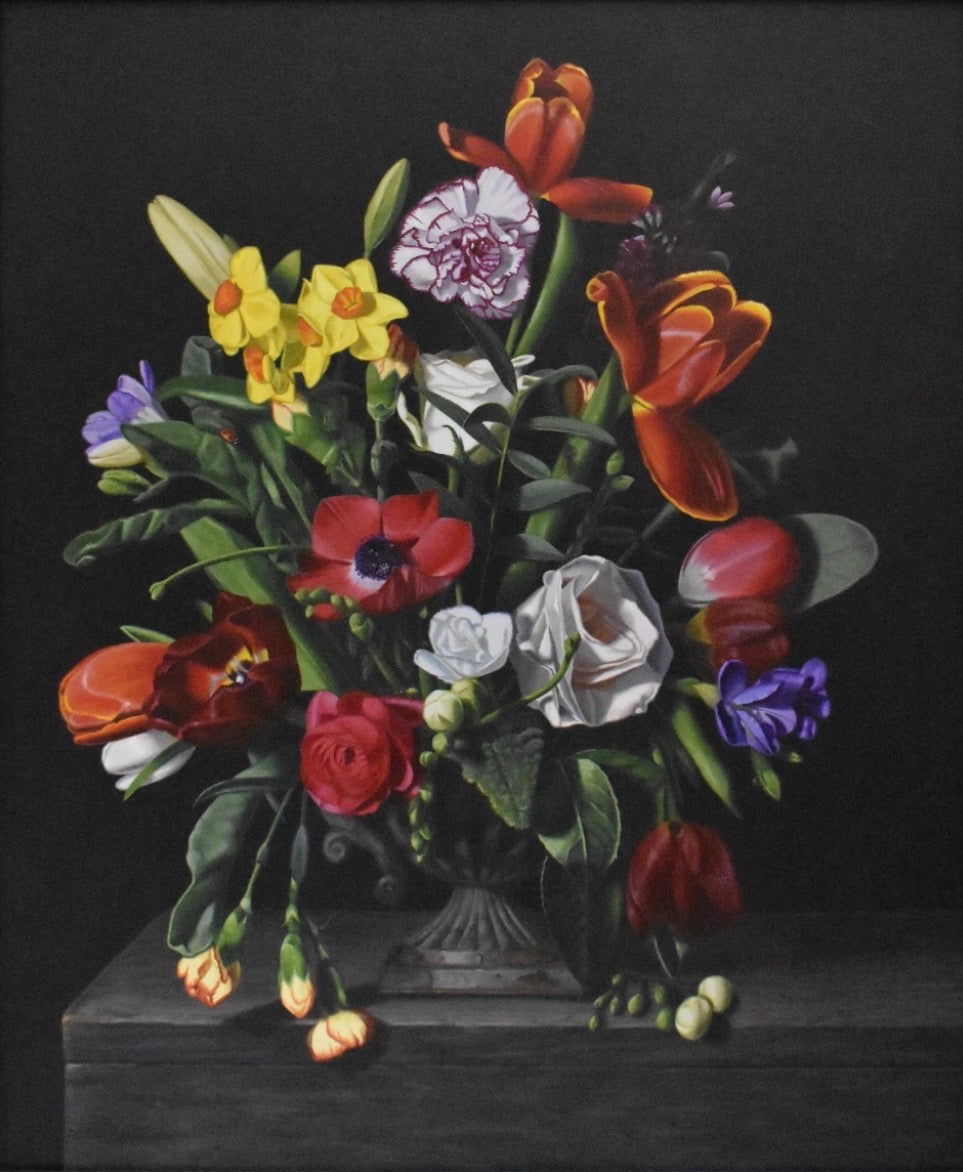 still life painting of a bouquet of flowers against a dark background
