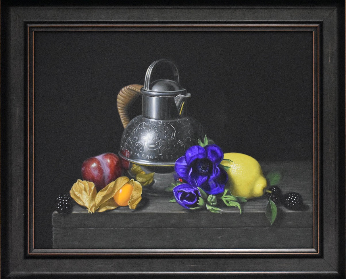 Still life painting with a teapot, fruits, and flowers on a dark surface.