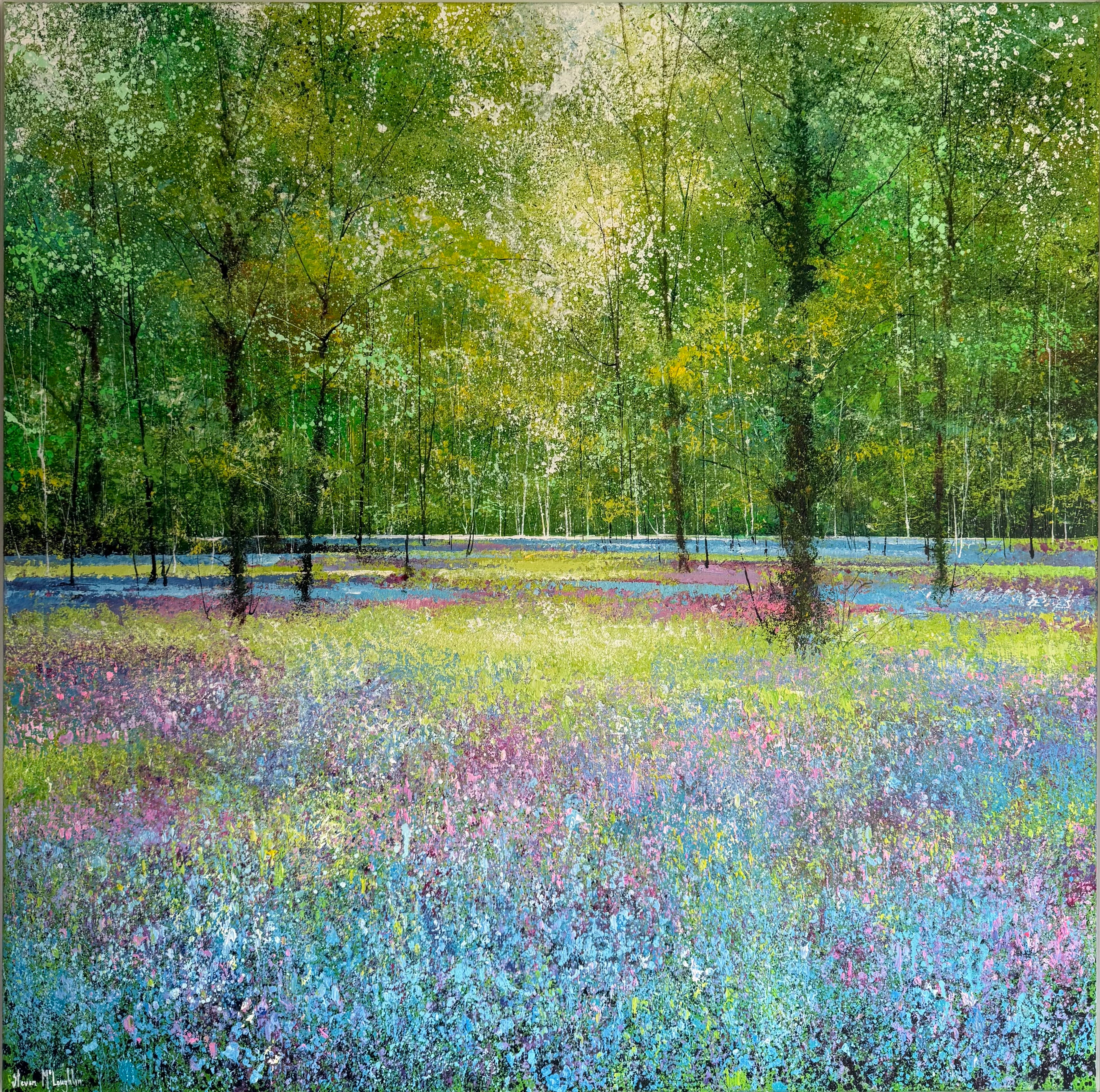 Painting of a forest with a clearing filled with flowers