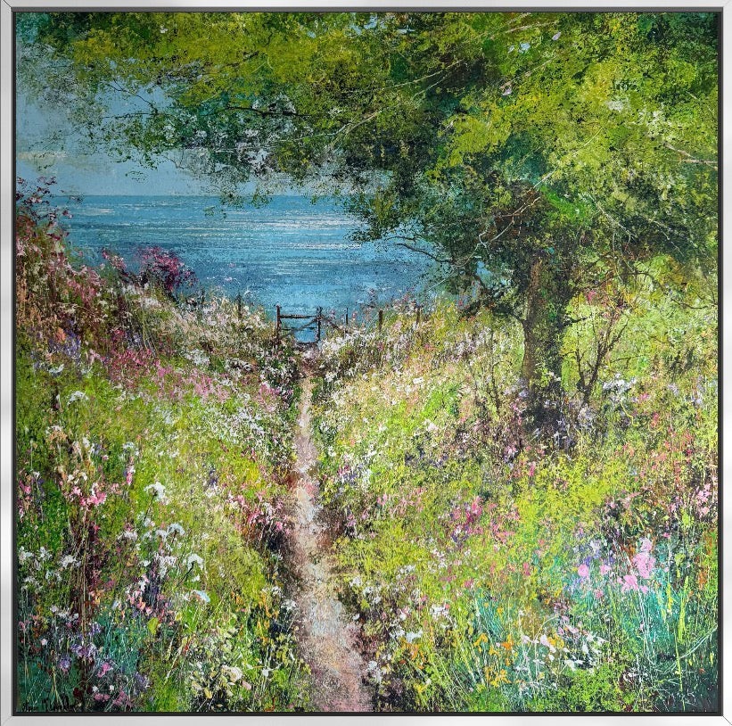 Landscape painting of a path leading to a gate with flowers and trees.