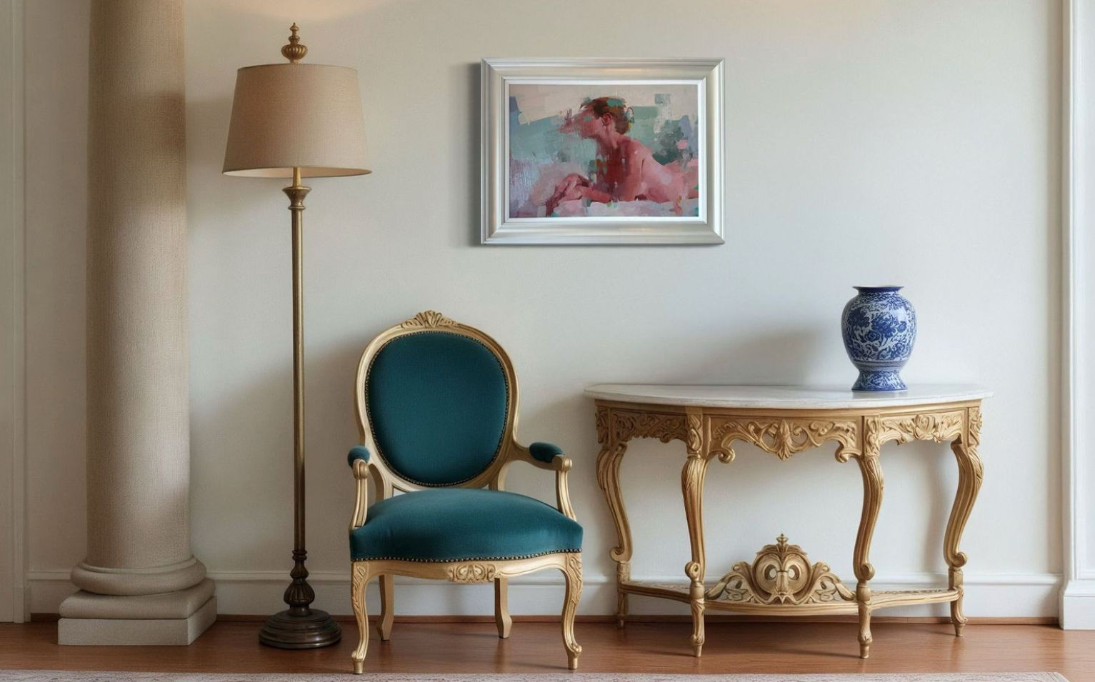 Decorative interior with a blue chair, gold table, and lamp against a white wall.