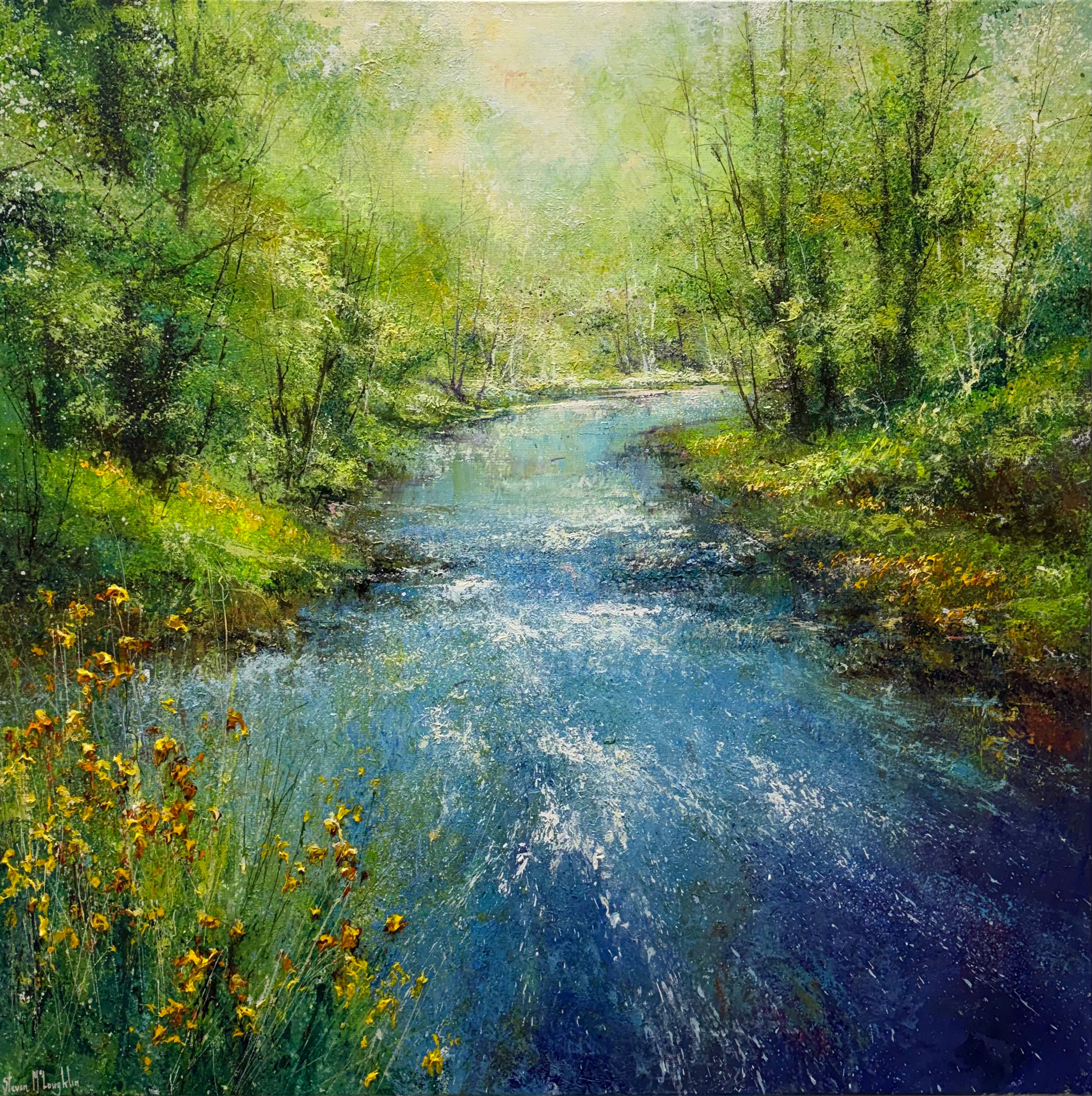 Painting of a serene forest stream with greenery and flowers.