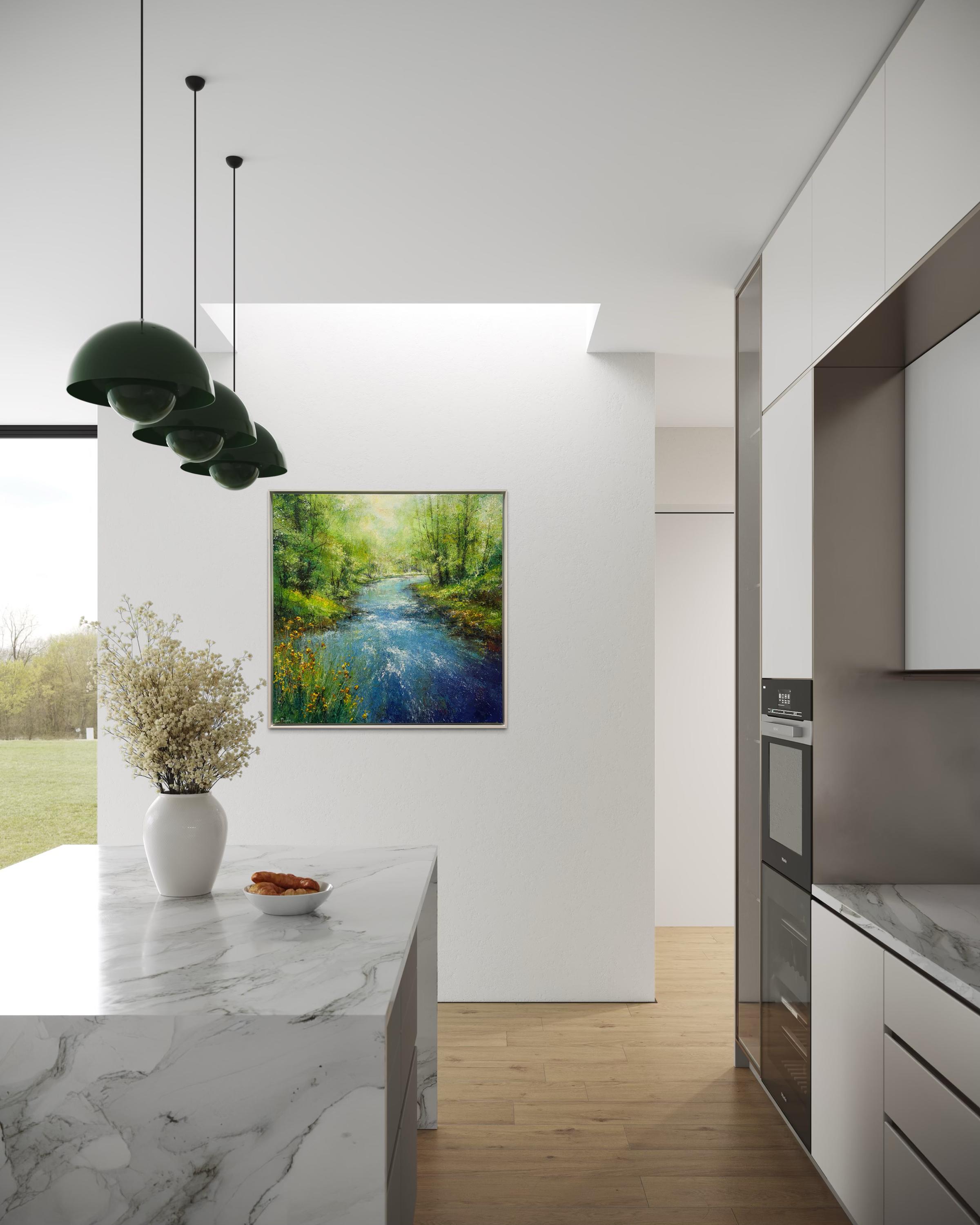 Modern kitchen interior with a painting of a river scene on the wall.